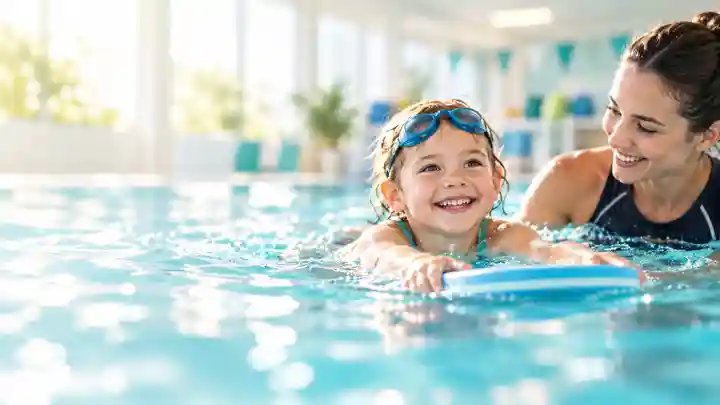 KI-generierte Illustration eines Schwimmkurses mit Kind im Wasser